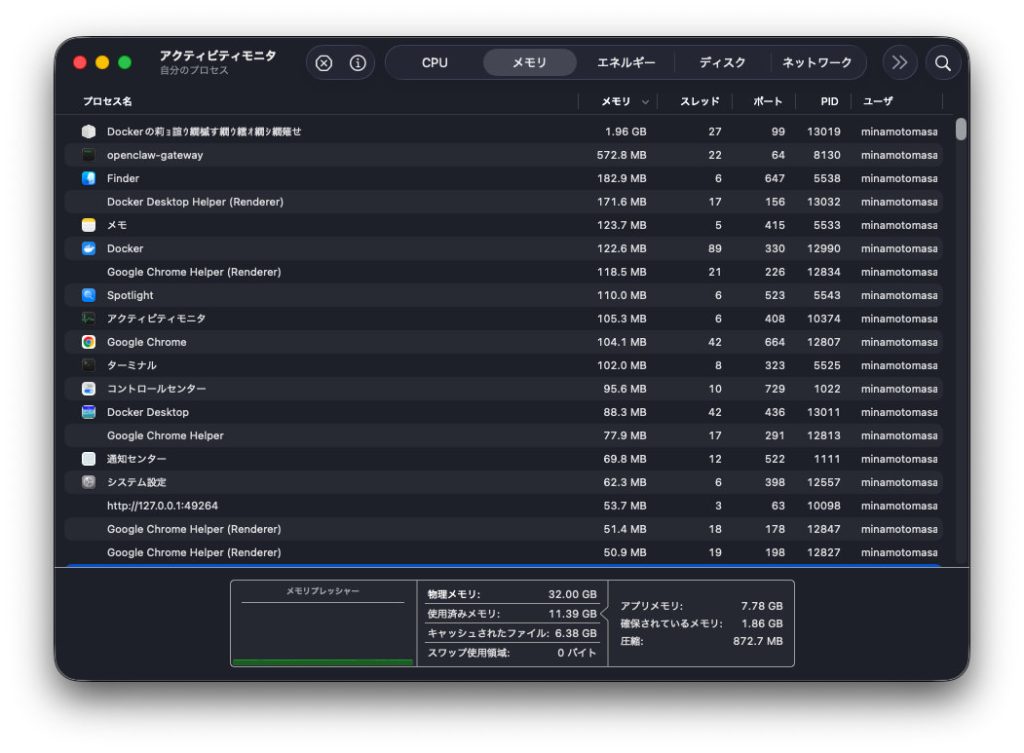 Mac mini M4 32GB メモリ使用量（アクティビティモニタ）