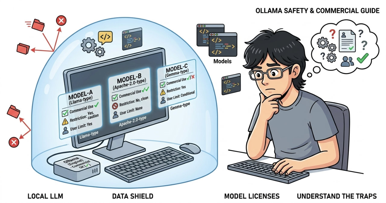 Ollama の安全性と商用利用ガイド｜ローカルLLM は本当に安全？ライセンスの落とし穴まで整理