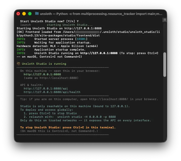 Unsloth Studio インストールコマンド実行後 Start Unsloth Studio now? [Y/n] Y で起動
