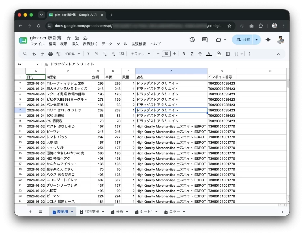 ローカルLLM + n8n レシート読み取り スプレッドシートのクエリ文で読みやすく
