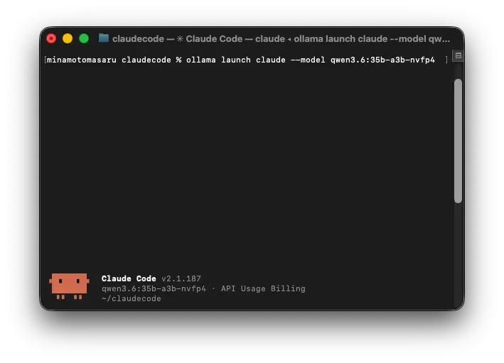 ollama launch claude --model qwen3.6:35b-a3b-nvfp4 を実行した画面