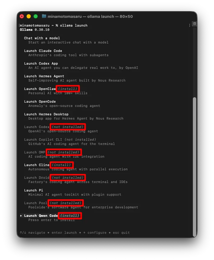 ollama launch を実行した画面（ install や not installed の表示がある）
