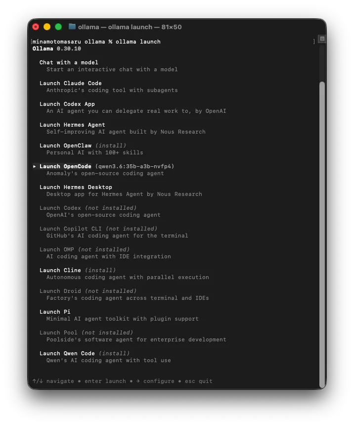ollama launch を実行した画面