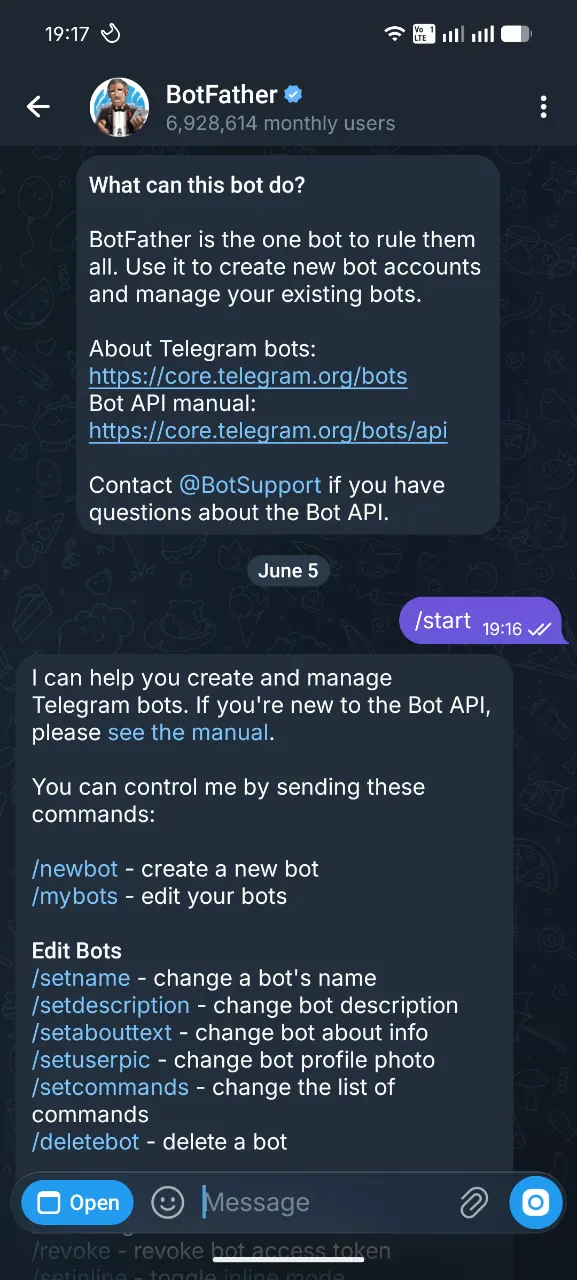Telegram（テレグラム）@BotFather /start コマンド