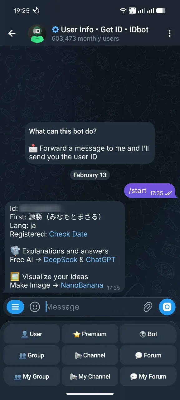 Telegram（テレグラム）UserInfo /start コマンド