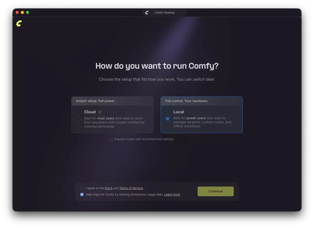 ComfyUI(Comfy Desktop)Mac セットアップ画面 ~ ローカルを選択する