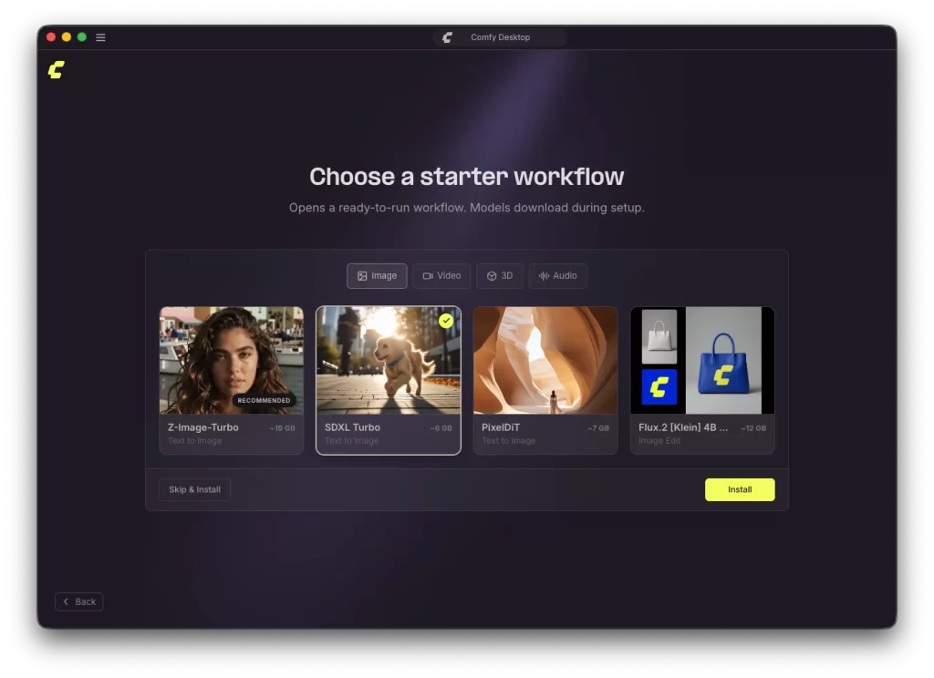 ComfyUI(Comfy Desktop)Mac セットアップ画面 ~ スターターワークフローの選択