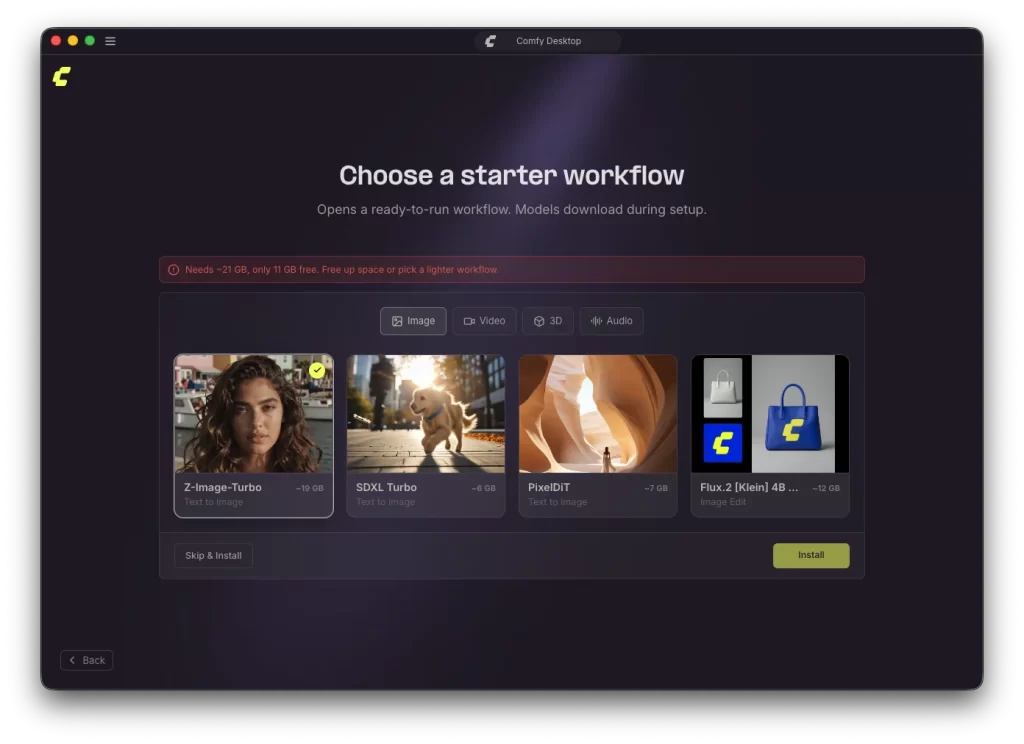 ComfyUI(Comfy Desktop)Mac セットアップ画面 ~ スターターワークフローの選択(ディスク容量少ないためエラー)