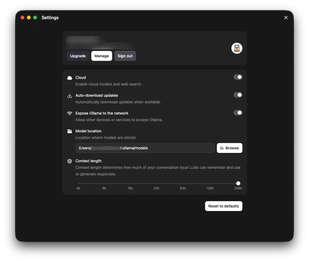 Ollama クラウド Connect 後、設定画面でサインインが確認できる