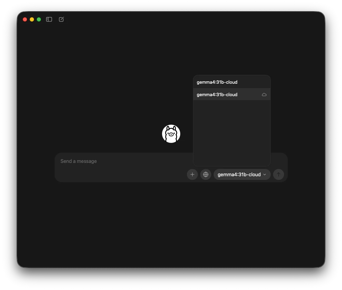 Ollama モデル検索箇所で gemma4:31b-cloud と入力して選択する