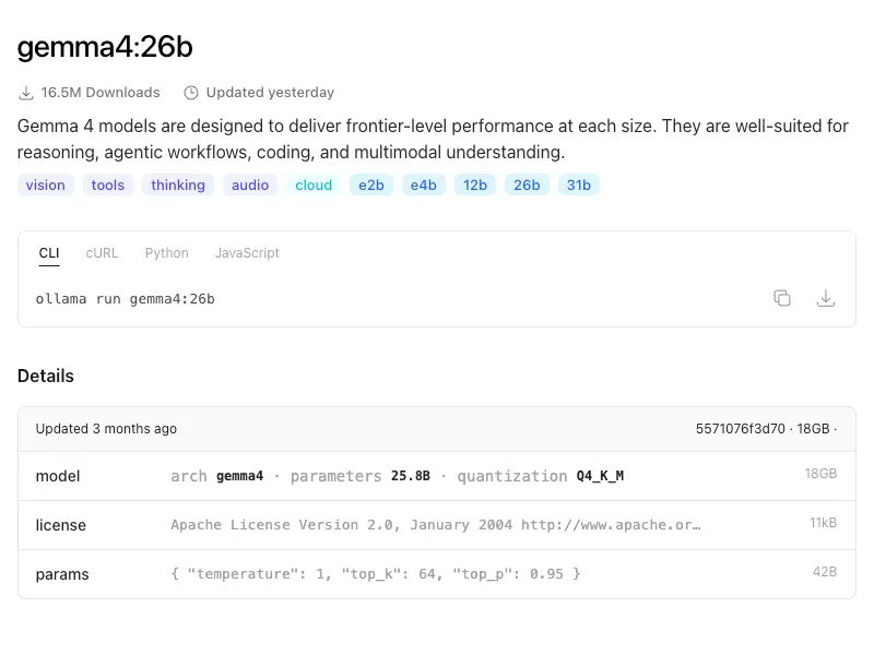 Ollama gemma4:26b モデルサイズ