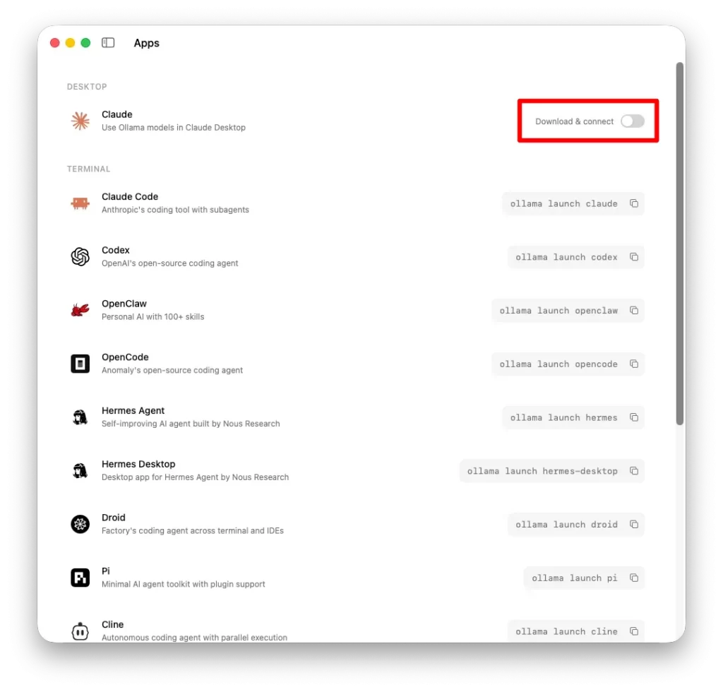 Ollama v0.33.0 Claude 連携画面