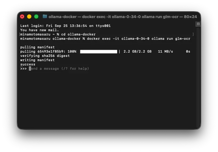 Docker 側で ollama run glm-ocr を実行している画面